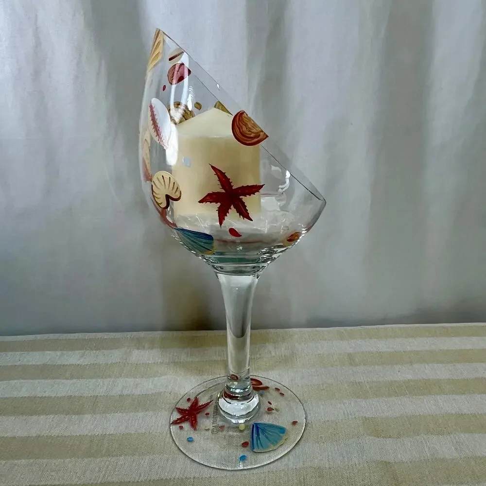 Painted Sea Shell Clear Glass Candleholder Votive Candle Rests on Sand Beach New